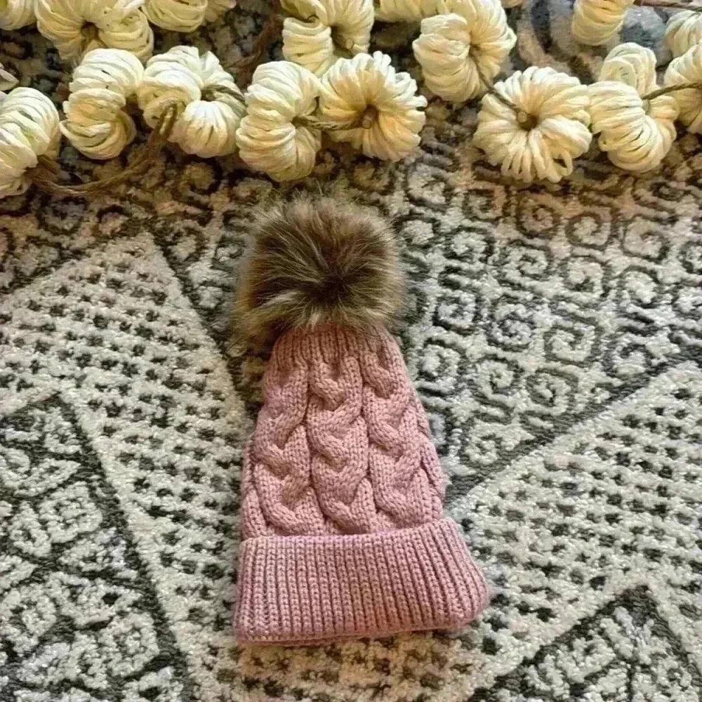 Knit rose pink hat with faux fur Pom Pom size 0-24m